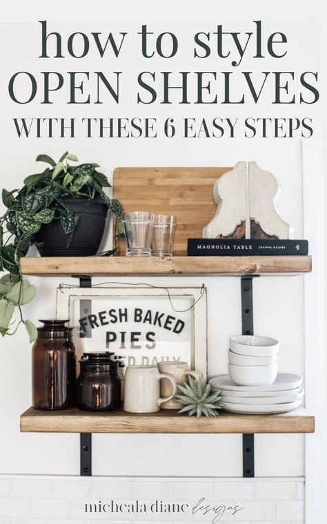 Style Your Open Shelves with These 6 Tips. Kitchen shelf styling tips. How to style open shelves in the kitchen. How to style your shelves like a pro. Easy shelf styling tips with a step-by-step guide. Open Shelving By Sink, Dinning Room Shelf Decorations Ideas, Open Shelving In The Kitchen Decor, Shelves Over Buffet, Decorating Open Shelves In Kitchen, Open Kitchen Shelf Styling, Open Shelves Styling, White Kitchen Open Shelves, Kitchen Shelves Decor Ideas