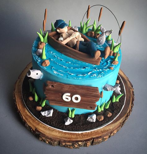 Fishing Theme Cake, Gone Fishing Cake, Boat Cake Topper, Fisherman Cake, Fish Cake Birthday, Boat Cake, Fishing Birthday, Fish Cake, Grooms Cake