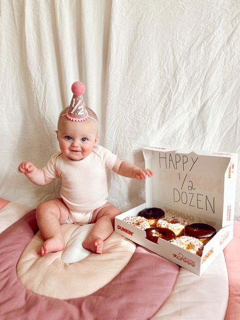 Half Birthday Donut Photoshoot, In N Out Baby Photoshoot, Donut Half Birthday Party, Half Dozen Donut Photoshoot, Half Birthday Girl Ideas, Half Dozen Baby Photoshoot, Donut Half Birthday Pictures, 6 Month Birthday Theme, Halfway To One Photoshoot Ideas