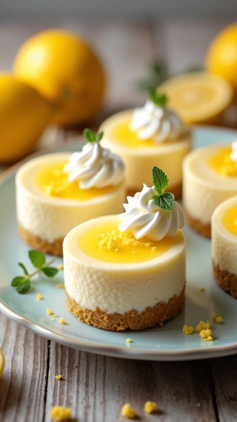 Mini Lemon Cheesecakes Mini Lemon Cheesecake Bites, Lemon Blueberry Tartlets, Mini Lemon Tart Recipe, Individual Lemon Desserts, Mini Lemon Cheesecake Recipes, Mini Lemon Meringue Tarts, Lemon Curd Cheesecake Recipe, Lemon Cheesecake Mini, Lemon Tarts Mini