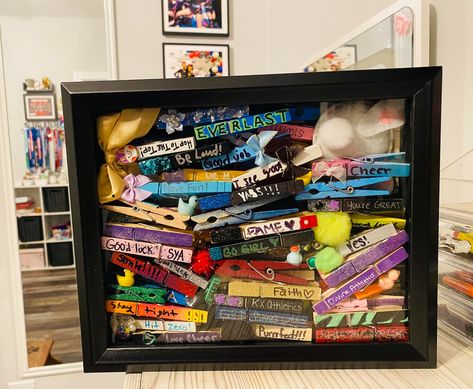 How To Display Dance Competition Pins, Cheer Showcase Ideas, Cheer Shadow Box Ideas Gifts, Cheerleader Shadow Box Ideas, Cheer Metal Display Ideas, Cheer Showcase Gifts, Cheer Good Luck Pins, Sports Shadow Boxes, Cheer Nationals