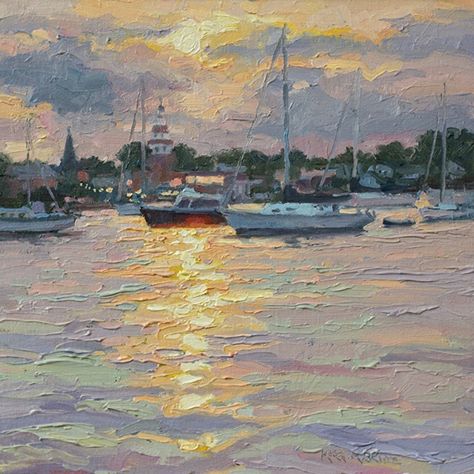 Annapolis Harbor Sunset by Kirk McBride Oil ~ 12 x 12 Annapolis Painting, Harbor Painting, Chincoteague Island, Boat Paint, Harbor Town, Oil Painting Inspiration, Marine Painting, Dappled Light, Boat Art