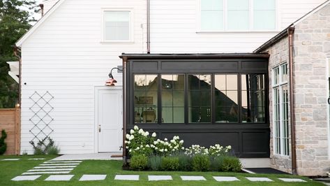 Studio Mcgee House Exterior, Hydrangeas And Lavender, Box Hedge, Front Porch Landscape, Boxwood Landscaping, White Farmhouse Exterior, The Mcgee Home, White Colonial, Hydrangea Landscaping