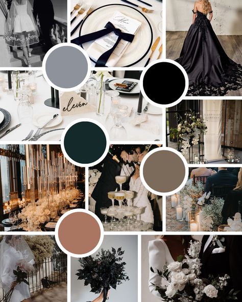 Wedding Color Combos Black, Dark Grey Wedding Theme, Black And White Wedding Palette, Black Tie Wedding Color Schemes, Black Wedding Scheme, Wedding Color Schemes With Black, Wedding Color Scheme Black, Black Wedding Theme Color Combos, Tan Wedding Colors