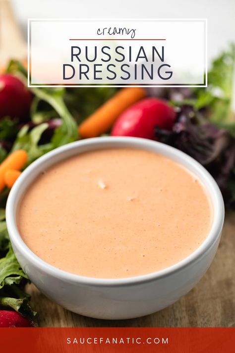 Russian dressing is creamy, slightly spicy, tangy, and perfect as a sandwich spread or salad dressing. Russian Salad Dressing, Homemade Russian Dressing, French Fry Sauce, Dill Relish, Best Sauce Recipe, Honey Sriracha Sauce, Homemade Appetizer, Homemade Buffalo Sauce, Russian Dressing