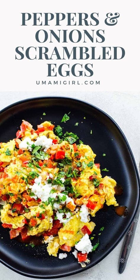 This 10-minute meal of scrambled eggs with peppers and onions, cheese and hot sauce works equally well for breakfast or dinner and always hits the spot. #scrambledeggs #eggs #breakfastfordinner #peppersandonions Scrambled Eggs With Peppers, Pepper Eggs Breakfast, Breakfast With Peppers, Eggs And Bell Peppers, Bell Pepper Eggs, E2m Meals, Peppers And Eggs, Mexican Eggs, Best Scrambled Eggs