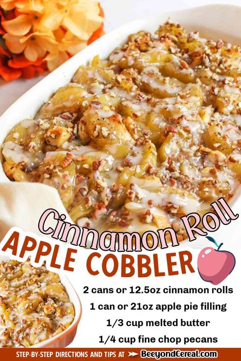 This cinnamon roll apple cobbler only needs 4 ingredients to make it. It's the perfect addition to breakfast or dessert this fall and very quick to throw together too. You're going to love this fall-flavored treat. Desserts For Thanksgiving Dinner, Cinnamon Roll Apple Cobbler, Apple Cinnamon Roll Bake, Pillsbury Cinnamon Roll Recipes, Dessert Rolls, Quick Sweets, Cinnamon Roll Desserts, Cinnamon Roll Apple Pie, Christmas Casserole