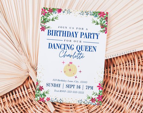 Dancing Queen Birthday Party Invitation Editable Download - Etsy Portugal Dancing Queen 30th Birthday, Mamma Mia Themed Party Invitations, Dancing Queen Birthday Invitations, Mamma Mia Birthday Invitations, Mama Mia Invitation, Mamma Mia Party Invitations, 21st Themes, Dancing Queen Birthday Party, Mamma Mia Invitation