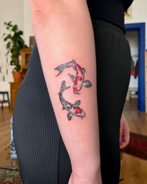 Koi Fish Tattoo Forearm, Koi Fish Tattoo Meaning, Small Fish Tattoos, Koi Fish Tattoos, Black Koi Fish, Side Wrist Tattoos, Koi Tattoo Design, Omerta Tattoo, Koi Tattoo