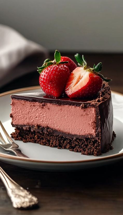 Decadent Chocolate Strawberry Cheesecake Recipe Description: Indulge in our Decadent Chocolate Strawberry Cheesecake, a delightful fusion of rich chocolate and fresh strawberries! This luxurious dessert features a creamy chocolate cheesecake base topped with luscious strawberry sauce, creating a perfect balance of flavors. Ideal for romantic dinners, special occasions, or simply when you crave something sweet, this cheesecake will steal the spotlight. Cheesecake Base, Cheese Cake Recipe, Chocolate Strawberry Cheesecake, Creamy Chocolate Cheesecake, Strawberry Cheesecake Recipe, Strawberry Topping, Luxury Chocolate, Strawberry Sauce, Chocolate Strawberry