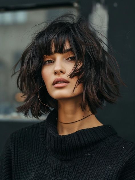 Trendy Bob Hairstyles with Bangs for 2024 Bob Edgy Haircut, Trend Short Hair Styles 2024, Bob W Bangs Hairstyles, French Bob Hairstyles With Bangs, Short Bob With Texture, Brunette Hair With Bangs Medium, Shaggy Bob Haircut With Bangs, Bob With Bangs Thick Hair, Thick Hair Bob With Bangs