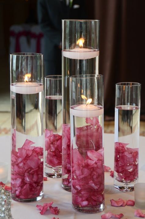 Glass Cylinders Wedding Centerpieces Floating Petals Centerpiece, Wedding Decor Floating Candles, Simple Candle Table Decor, Tall Vase Centerpiece Ideas, Glass Cylinder Ideas, Floating Candles Centerpieces, Cheap Table Decorations, Candles Inspiration, Floating Petals