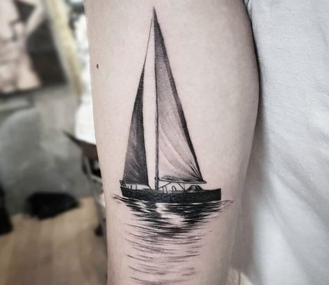 Small Sailboat Tattoo, Sailboat Tattoo Simple, Sail Tattoo, Black Sailboat, Sailing Tattoo, Sailboat Tattoo, Boat Tattoo, Scene Tattoo, Lighthouse Tattoo