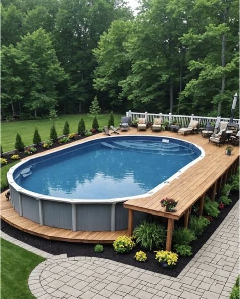 Above Ground Pool In The Country, Over The Ground Pool Deck, Above Ground Pool With A Deck, Dug In Above Ground Pool, Above Ground Pool Close To House, Half Sunk Above Ground Pool, Above Ground Pool Stone Surround, Airbnb Yard Ideas, I Ground Pool Backyard