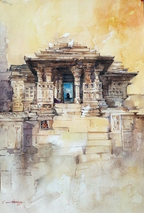 #artwanted Plein Air Watercolor, Watercolor Scenery, Temple Photography, Ancient Indian Architecture, Watercolor Architecture, Watercolor Subjects, Beautiful Art Paintings, Temple Art, Architecture Painting