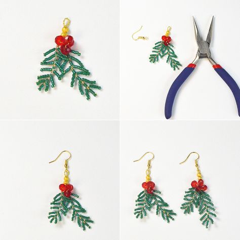 PandaHall Tutorial on Christmas Beaded Earrings- Pandahall.com Diy Xmas Jewelry, Seed Bead Christmas Earring, Seed Bead Christmas Earring Patterns, Beaded Holly Leaves, Poinsettia Beaded Earrings, Patterns For Beaded Earrings, Earrings For Christmas, Xmas Beading Patterns, Beaded Jewelry Patterns Christmas