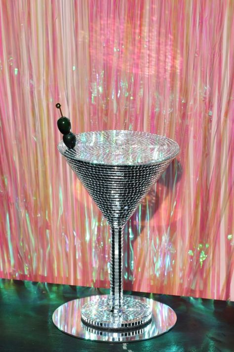 Mirror Ball In Living Room, Eclectic Party Theme, Funky Party Theme, Ornate Maximalism, Eccentric Cottagecore, Disco Core, Disco Martini, Eclectic Party, Disco Decor