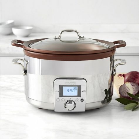 Designed with a more compact footprint, this all-in-one slow cooker steams food, browns and sautés and even cooks rice to tender perfection. Prepare meals on your own schedule at the touch of a button thanks to a programmable 20-hour timer and keep-warm feature. Rice Dishes, All Clad Slow Cooker, Cuckoo Rice Cooker, Steam Recipes, Lentil Soup Recipes, Electric Cooker, Best Slow Cooker, Slow Cookers, Williams Sonoma