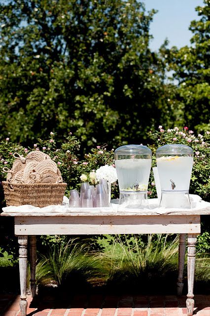 Pre Ceremony Drink Station, Ceremony Cocktails, Welcome Beverage Station Wedding, Wedding Water Station Outdoor Ceremony, Water At Wedding, Ceremony Welcome Drinks, Champagne Ceremony, Cocktail Table Wedding Reception, Water Table Wedding