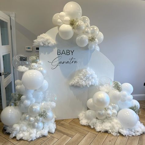 “ On cloud nine “ ☁️ . . What a dreamy set up for a baby shower 🤍☁️… | Instagram White Cloud Balloon Garland, Cloud Balloon Backdrop, Balloon Arch Clouds, Cloud Theme Table Decor, On Cloud 9 Dessert Table, Cloud 9 Balloon Arch, What Cloud You Be Gender Reveal, Soft Baby Shower Theme, Clouds Hanging From Ceiling