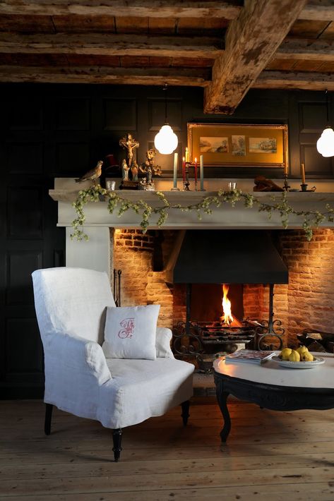 Fireplace Cottage, Suffolk Cottage, Rustic Stone Fireplace, Panelled Walls, Rustic Country Cottage, Cottage Fireplace, Country Cottage Interiors, Painting Landscapes, Inglenook Fireplace