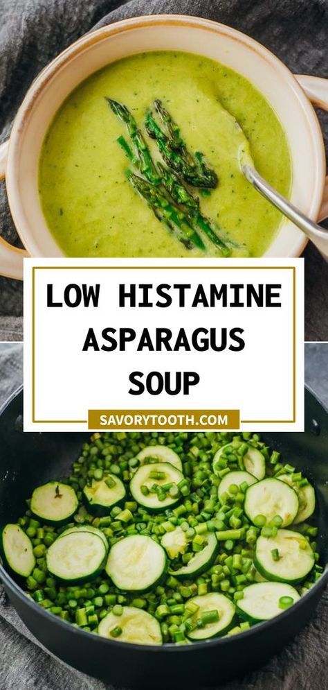 This creamy asparagus soup recipe is healthy, keto friendly, low carb, and low histamine. It can be adapted for vegan, dairy free, and paleo diets by skipping the cream and replacing the butter with olive oil. Creamy Asparagus Soup, Asparagus Soup Recipe, Soup Low Carb, Low Histamine Foods, Soup Keto, Creamy Asparagus, Low Carbohydrate Recipes, Low Histamine, High Protein Low Carb Recipes