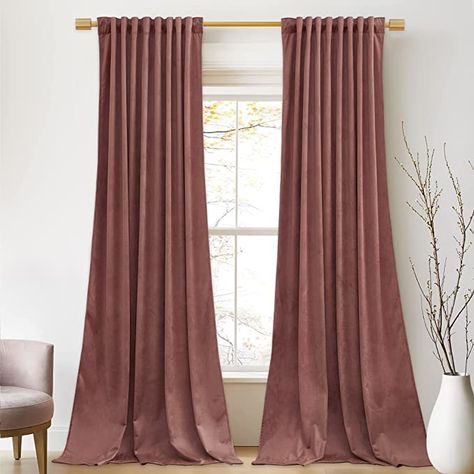 Living Room Sliding Doors, Rose Curtains, Insulated Drapes, Mauve Velvet, Long Living Room, Velvet Drapes, Elegant Curtains, Nursery Curtains, Curtain Rings