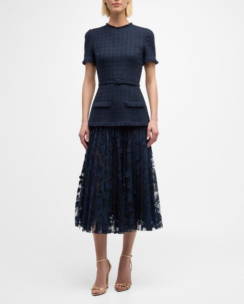 B975N Oscar de la Renta Short-Sleeve Tweed And Guipure Skirt Midi Dress With Self Belt Fall Luncheon Outfits, American Wardrobe, Versace Fashion, Cocktail Jacket, Skirt Midi, Tweed Dress, Design Dress, Wedding Couple, Only Fashion