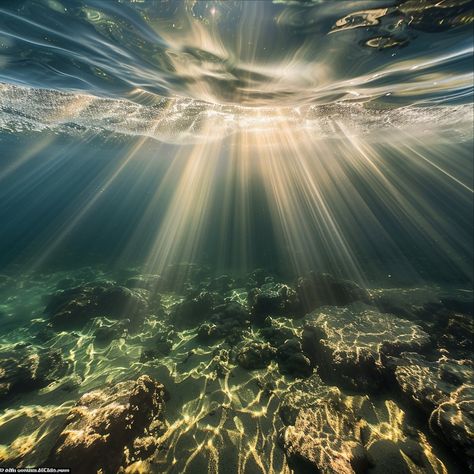 Underwater Sun Rays: A captivating underwater scene where the sun's rays majestically pierce through the ocean's surface. #underwater #sunlight #rays #ocean #serene #aiart #aiphoto #stockcake ⬇️ Download and 📝 Prompt 👉 https://ayr.app/l/9Woq Underwater Light, Underwater Landscape, Underwater Scene, Sun Underwater, Underwater Looking Up, Sun Rays Underwater, Sun Reflection On Water, Open Ocean Underwater, Ocean Deep Underwater