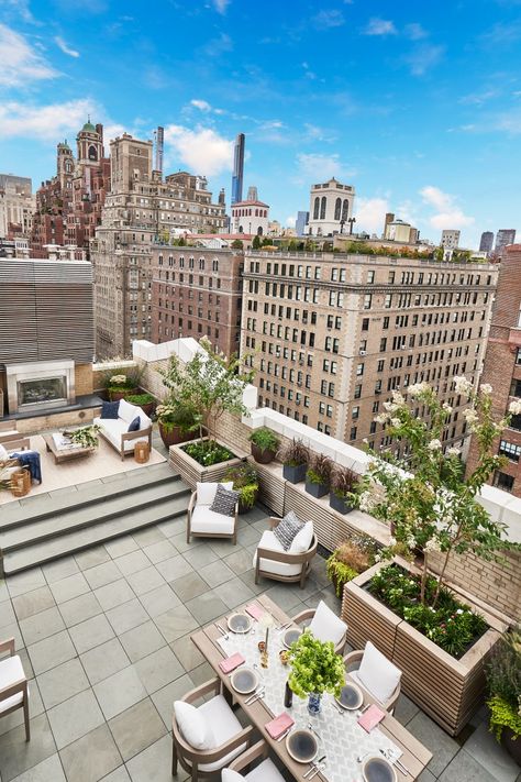 Tour an Upper East Side Triplex Where Sophistication Meets Playfulness - 1stDibs Introspective Nyc Penthouse Terrace, Penthouse With Garden, Penthouse Garden Rooftop Terrace, Wesley Moon, Penthouse Patio, Roof Top Patio, Penthouse Garden, Penthouse London, Penthouse Ideas