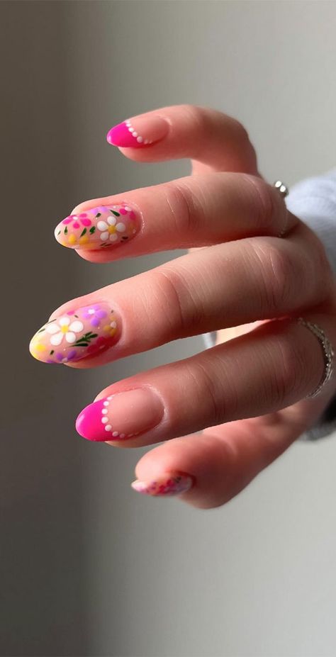 Minimal Colorful Nails, Pink Party Nails, Pink French Tips, Summer Nail Ideas, Summery Nails, Pink French, Cute Gel Nails, French Floral, Nagel Inspo