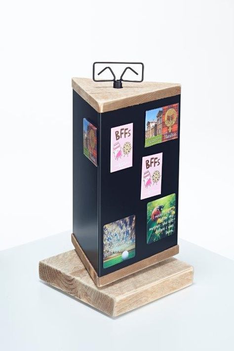 wooden and magnet counter display Magnet Display Ideas, Magnet Display, How To Display Magnets At A Craft Show, Magnet Display Ideas Craft Fairs, Vendor Magnet Display, Wooden Table Top Display Stand, Card Display Stand, Wooden Exhibition Stand Design, Souvenir Magnet Display Board