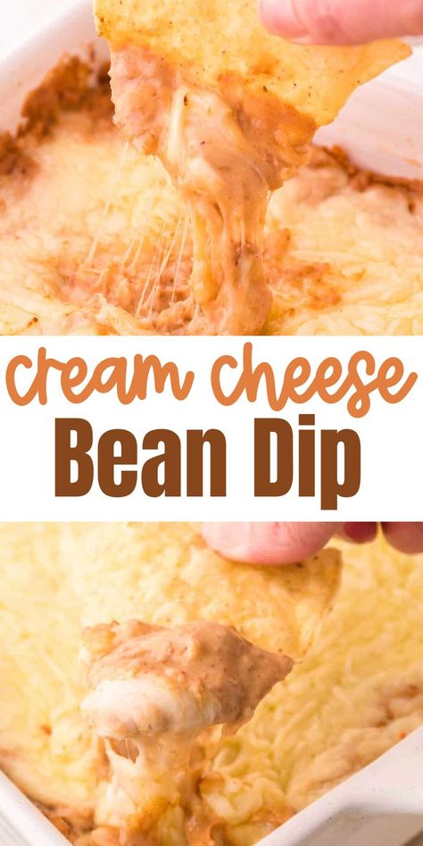 All you need to make this cream cheese bean dip is just 5 ingredients! This easy refried bean dip is great for a party appetizer or served with tacos, nachos, and more. Great easy appetizer for holiday parties Cheese Bean Dip, Bean Dip Recipes Refried, Cream Cheese Bean Dip, Bean Cheese Dip, Sour Cream Chips, Easy Bean Dip, Refried Bean Dip, Refried Bean, Creamy Spinach Dip