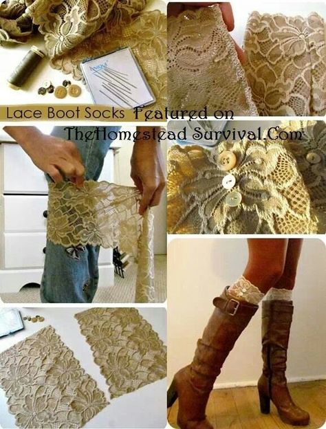 Lace boot stocks Diy Lace Socks, Lace Boot Cuffs, Lace Boot Socks, Boot Cuff, Christmas Boots, Boot Toppers, Crochet Boots, The Homestead, Homestead Survival