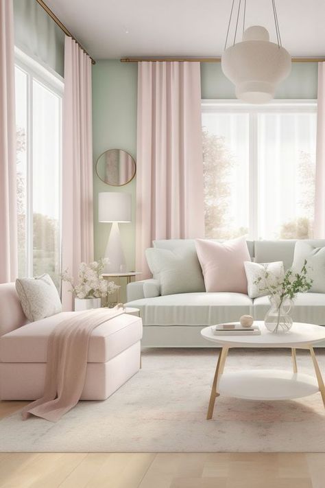 Pastel Lounge Room, Pink Room Decor Ideas, Olive Walls, Pastel Interior Design, Pastel Living Room, Minimalist Pastel, Latest Living Room Designs, Pink Room Decor, Living Room Decor Inspiration