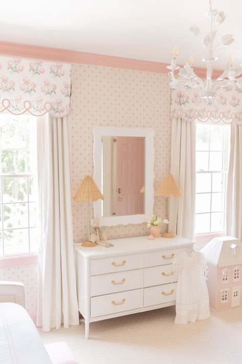 Traditional Garden Inspired Girl’s Room Reveal Pink Traditional Nursery, Pink Trim Nursery, Timeless Girls Bedroom, Traditional Baby Girl Nursery, Grandmillenial Nursery Girl, Southern Girl Nursery, Traditional Girls Bedroom, Loveshackfancy Nursery, Southern Baby Girl Nursery