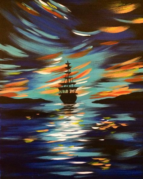 "Yo ho, yo ho, a pirate's life for me." #InternationalTalkLikeAPirateDay #pirate #ship #ocean #paintandsip Art Experimentation, Acrylic Beginner, Pirate Ship Painting, Painting Library, Pinots Palette Paintings, Palette Painting, Canvas Inspiration, Pinots Palette, Paint Nite