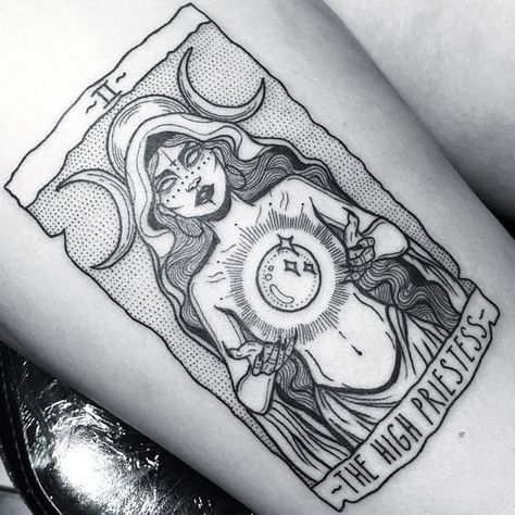 The High Priestess tarot card tattoo done by @lorencrawley | www.otzi.app Lotusblume Tattoo, Indie Dark, Black Demon, Tarot Card Tattoo, Tarot Tattoo, Aesthetic Emo, Demon Eyes, Witch Tattoo, Halloween Tattoo