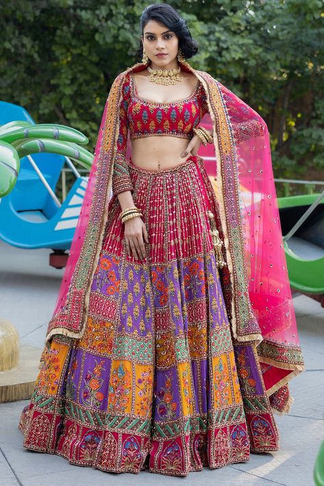 Multi-Colored Georgette Embellished Lehenga Set Design by Irrau by Samir Mantri at Pernia's Pop Up Shop 2024 Lehenga For Bride's Sister, Multicolour Lehenga, Trendy Lehenga Designs, Blouse With Full Sleeves, Punjabi Dress Design, Beautiful Gown Designs, Flared Lehenga, Brides Sister, Mehndi Outfit