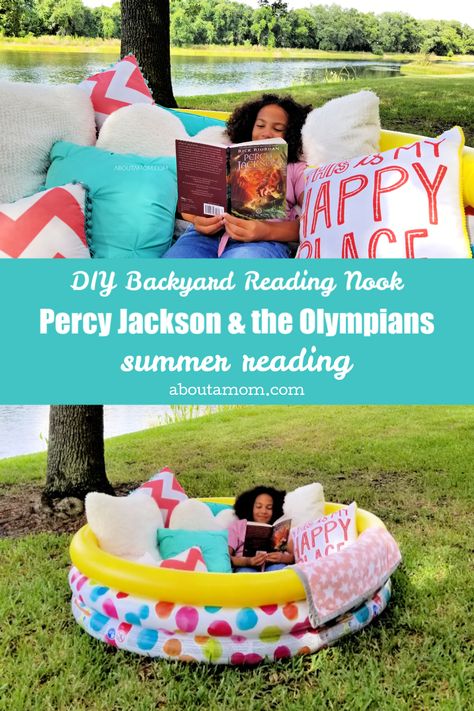 There's nothing dreamier than spending the summer outdoors with a good book. This summer we’re reading the Percy Jackson & the Olympians series by Rick Riordan. Our DIY outdoor reading nook is "fit for the gods" and I think Percy would totally approve. Visit the blog for a summer reading update and see how we made this fun reading nook! #PercyJacksonandtheOlympians #ad sponsored by Disney Book Group Reading Fort, Outdoor Reading Nooks, Outdoor Reading, Elementary Classroom Themes, Comfy Reading, The Olympians, Disney Books, Kiddie Pool, Percy Jackson And The Olympians