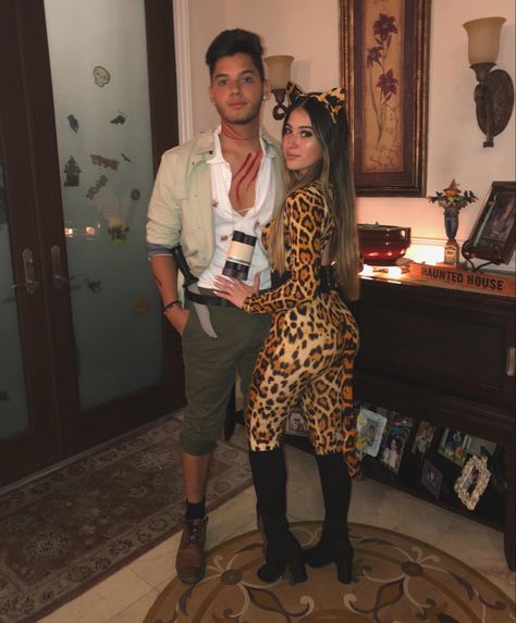 Leopard And Zoo Keeper Costume, Lion And Safari Couple Costume, Cougar Hunter Halloween Costume, Outfits For Men Halloween, Cougar Couple Costume, Mens Safari Costume, Jungle Theme Halloween Costume, Jumanji Couples Costume, Cougar Halloween Costume Couple