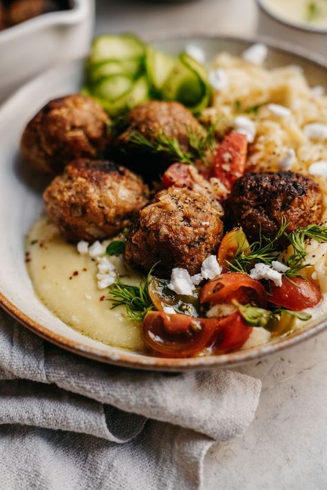 Greek Meatballs Recipe, Vegan Meat Substitutes, Creamy Orzo, Vegan Greek, Greek Meatballs, Whipped Feta, Meat Substitutes, Healthy Eating Tips, Orzo