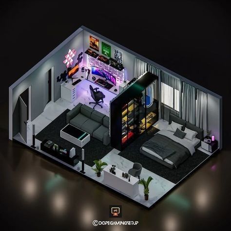 Video Game Set Up In Bedroom, Cam Room Setup, 3d Gaming Room Design, Studio Game Room, Gaming Studio Room, Bedroom Game Room Ideas, Isometric Gaming Room, Sims Gaming Room, Gamer Bedroom Design