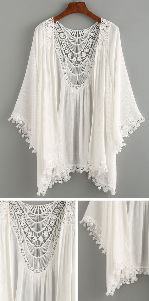 7949e456002b28988d38185bd30e77fddesc48298827ri Crochet Kimono, Boho Mode, White Kimono, Estilo Hippie, Mode Boho, Summer Fashion Beach, Skirt Maxi, Moda Vintage, Estilo Boho