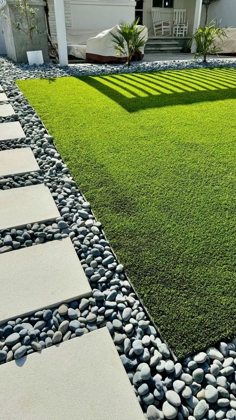 Pavers And Fake Grass Backyard, Outdoor Turf Patio, Patio Blocks With Grass In Between, Yard Turf Ideas, Turf With Rock Border, Stone And Grass Backyard, Stone And Turf Backyard, Turf Design Ideas, Backyard Turf Landscaping Ideas