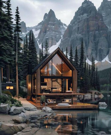 Cabin Getaway Aesthetic, House In Mountains Dream Homes, Big Modern Farmhouse, Mountain A Frame, Modern Lake Cabin, Forest Cabin Aesthetic, A Frame Cabin Interior, Modern A Frame House, Mountain Cabin Exterior