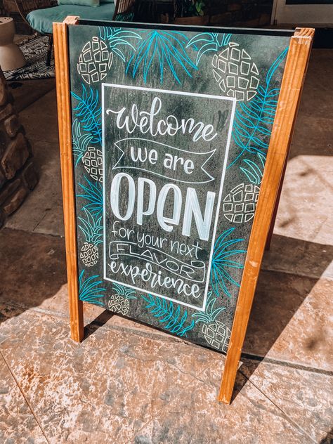 Blackboard Restaurant Ideas, Chalkboard Open Sign Ideas, Chalkboard Store Sign, Cafe Blackboard Ideas, Chalk Board Signs For Stores, Sandwich Board Ideas Chalkboard Signs, Restaurant Chalkboard Ideas, Summer Chalkboard Ideas, Chalk Art Coffee