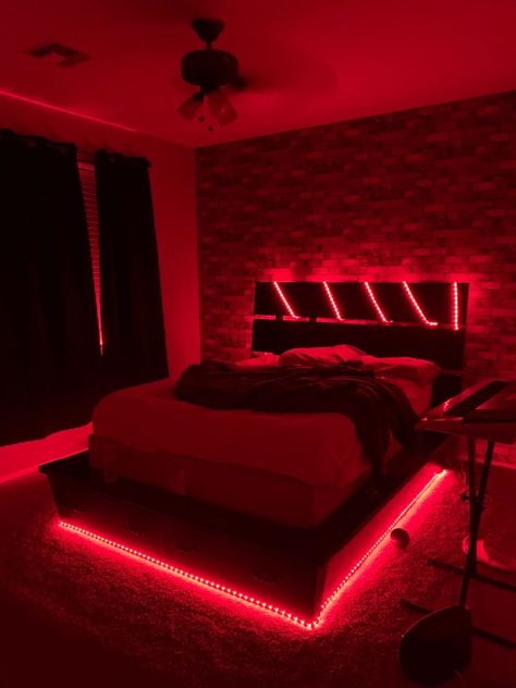 Bedroom Neon Lights Room Ideas, Black Room Red Lights, Red Rooms Ideas, Bedroom With Red Led Lights, Red Led Room Aesthetic, Red Led Lights Bedroom, Red Led Bedroom, Red Led Room, Hot Bedroom Ideas