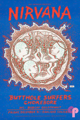 Vintage band posters. | 25 Unique Gifts Music Lovers Will Want To Keep For Themselves Vintage Band Posters, Nirvana Poster, Butthole Surfers, Oakland Coliseum, Art Musical, Music Concert Posters, Vintage Concert Posters, Vintage Music Posters, Band Poster