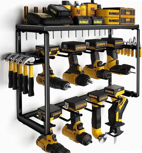 8 Drill Holders Wall Mount, 3 Layer Heavy Duty Metal Storage for Garage Organization, Tools Shelves with Screwdriver Holder/Plier Holder/Hammer Holder, Gifts for Him Men Organisation, Storage For Garage, Hammer Holder, Power Tool Organizer, Power Tool Storage, Drill Holder, Garage Storage Racks, Utility Shelves, Tool Room